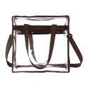 Women's transparent PVC shoulder messenger bag in brown with side net pocket and double strap connectors