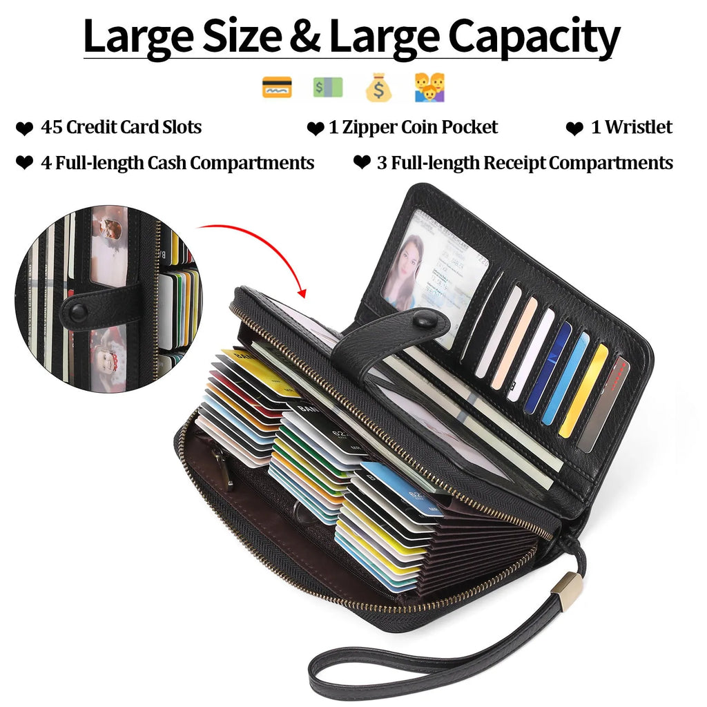 Women's expanding long wallet in light blue with card slots, passport pocket, and anti-theft swiping feature.