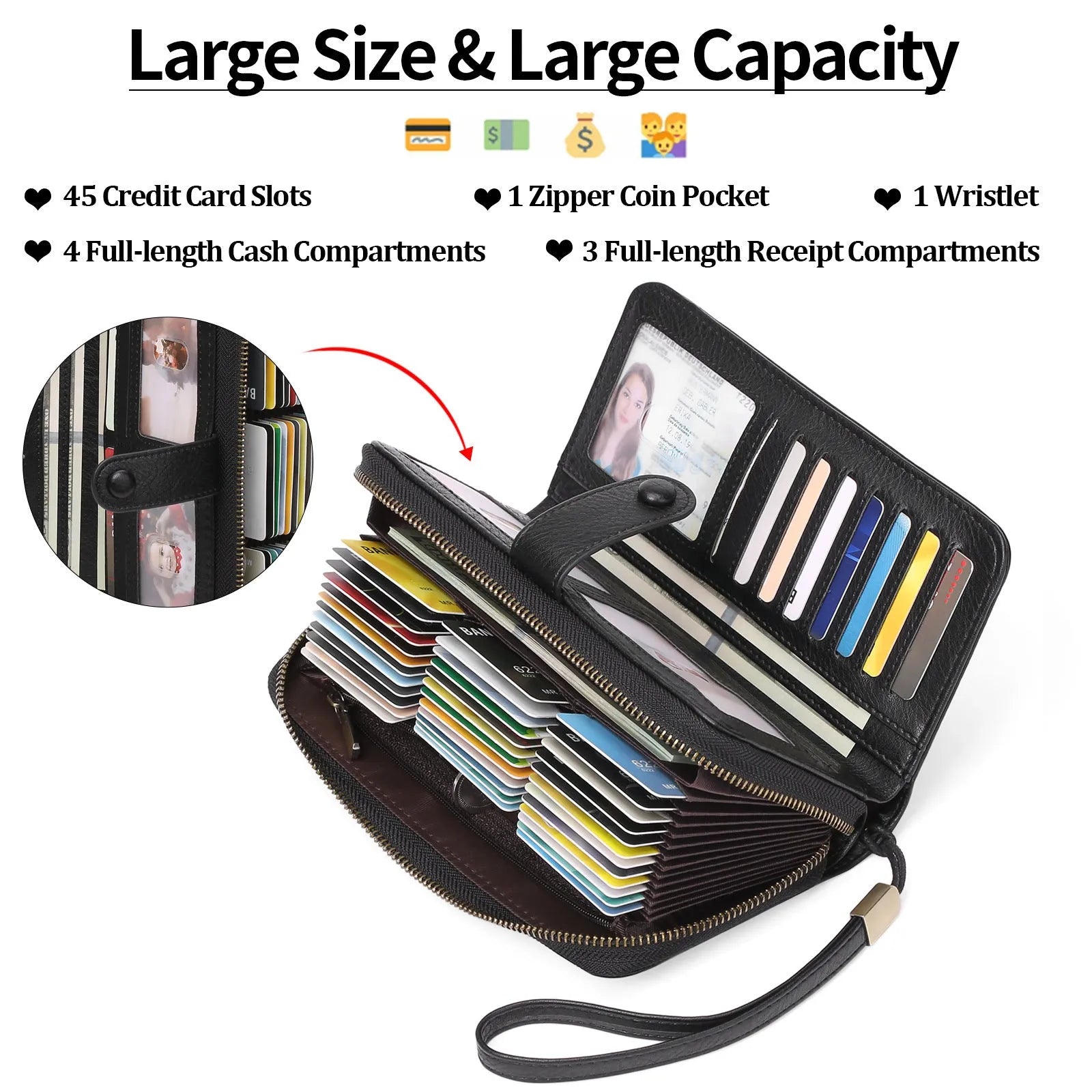 Women's expanding long wallet in light blue with card slots, passport pocket, and anti-theft swiping feature.