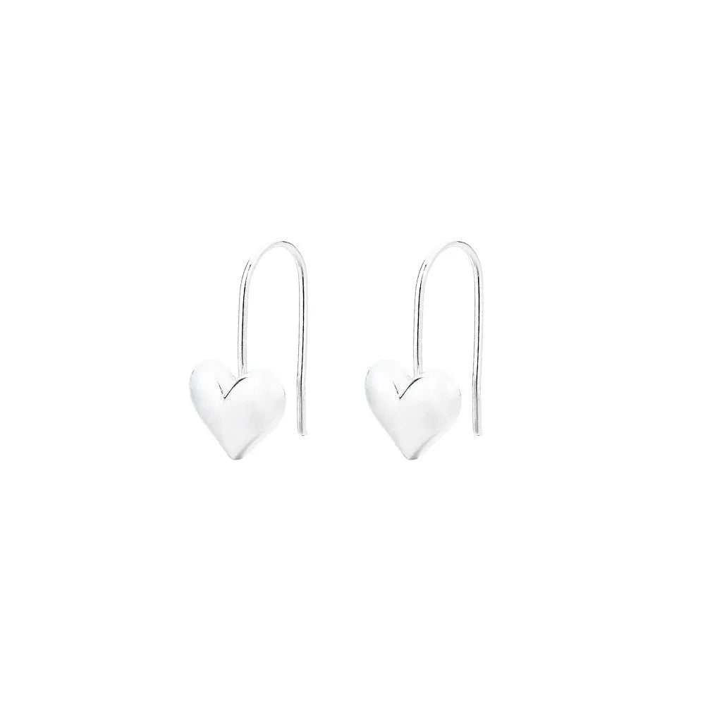 Silver-coloured heart-shaped earrings with three-dimensional glossy design and Korean-style aesthetic