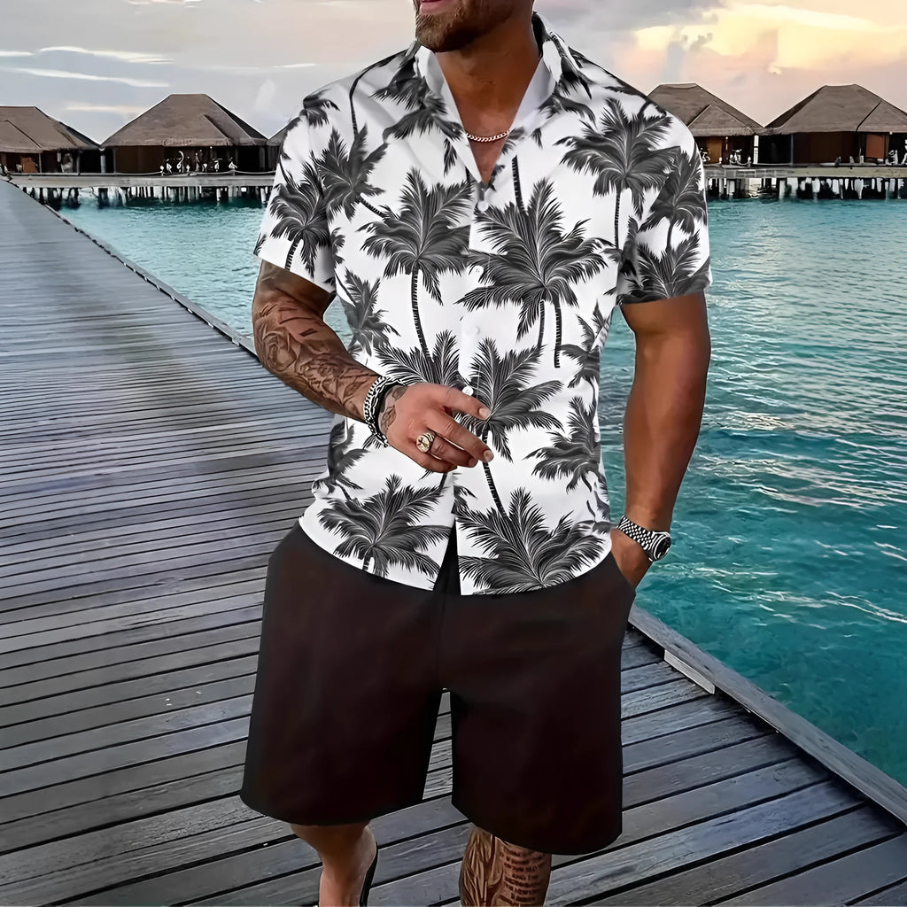 Man wearing a blue Hawaii pattern short sleeve top and matching shorts from a 3D printed suit set
