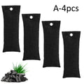 Black activated charcoal deodorising bag made of linen, measuring 16.5cm by 6.5cm.