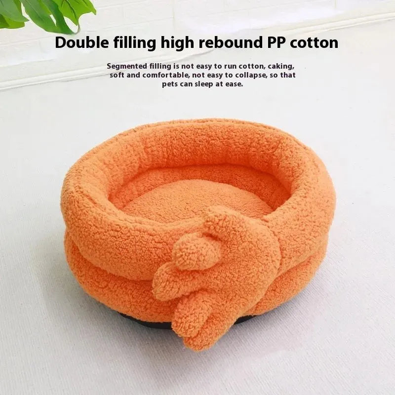 Yellow plush pet kennel with mattress for cats and dogs, showing its 48 cm length.
