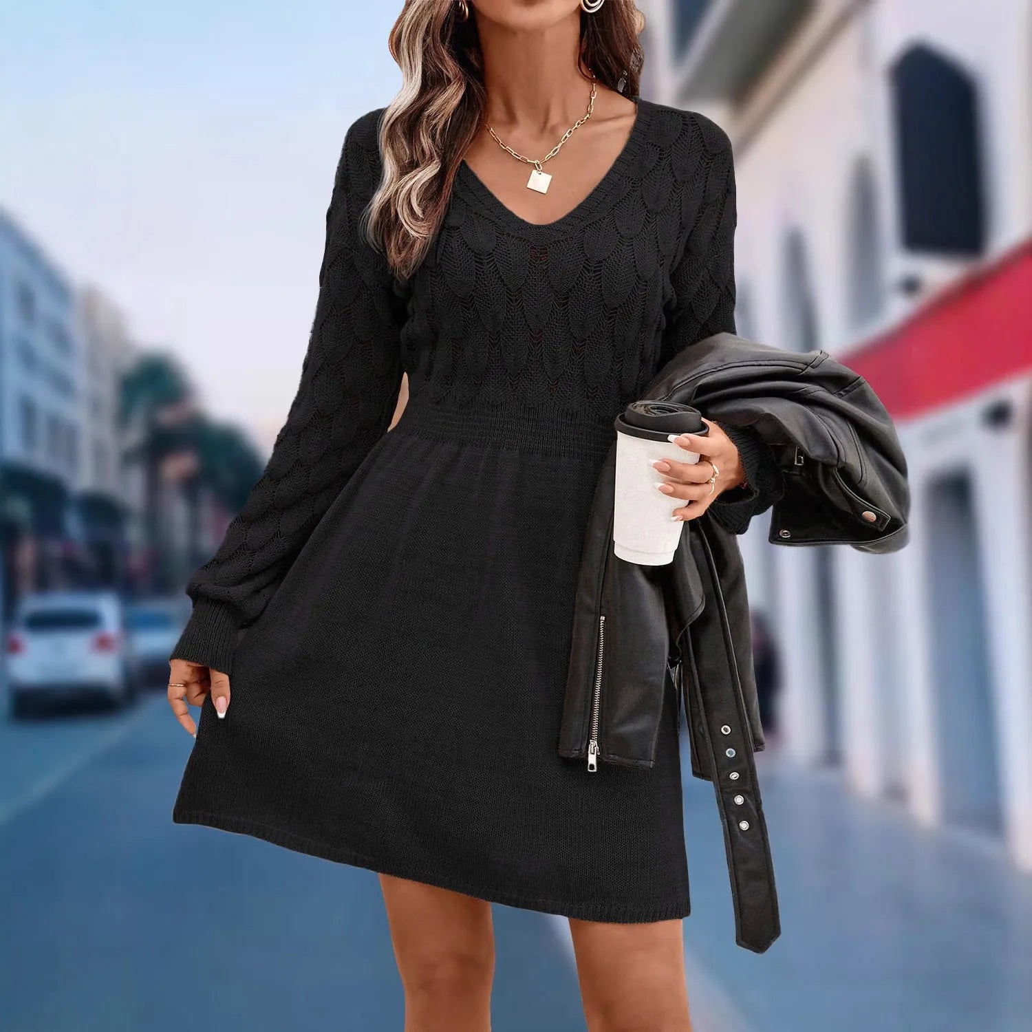 Women's apricot V-neck long sleeve beach dress with a 3D pattern and high waist.