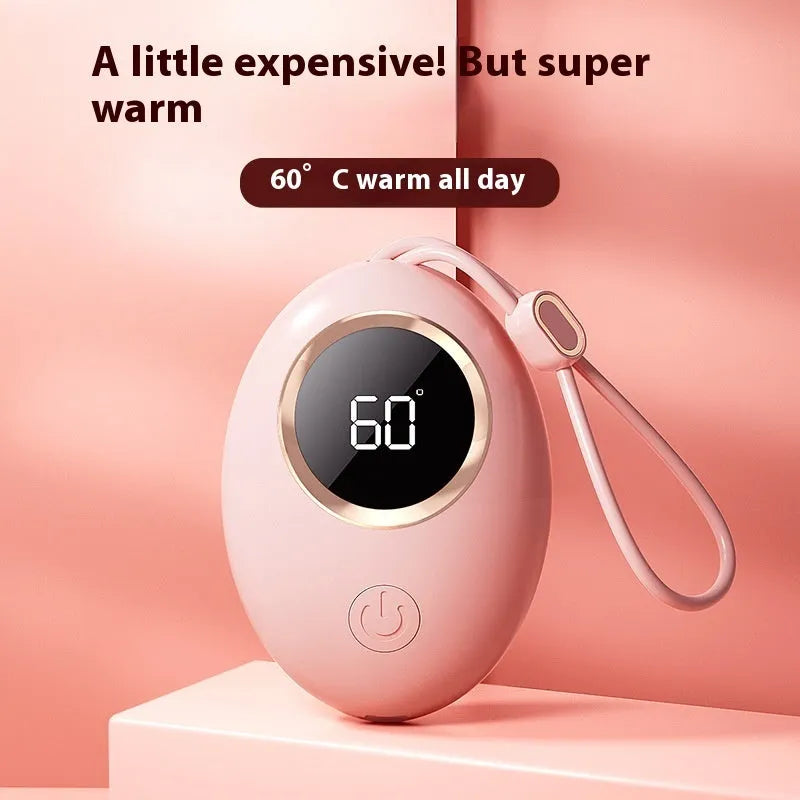 USB digital display hand warmer in charming blue colour, showing compact portable size