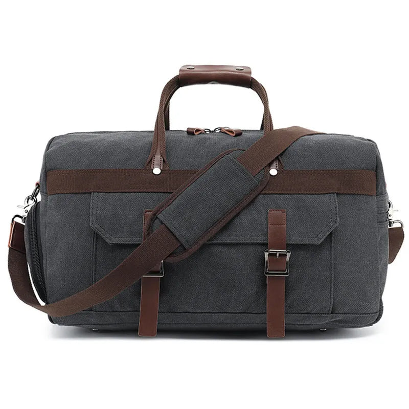 Large capacity crossbody travel bag in canvas with retro style sewing line detailing
