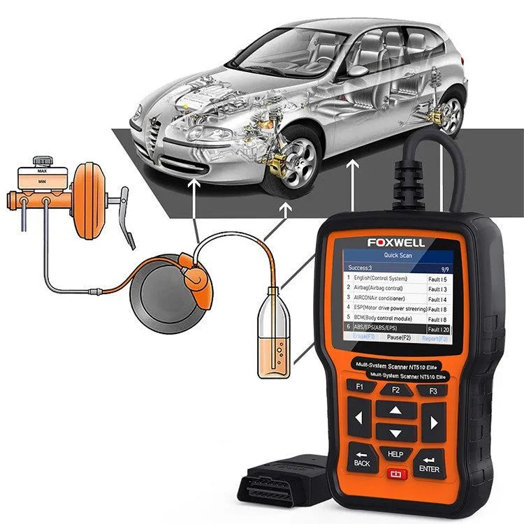 Orange and black Foxwell NT510 automotive diagnostic scanner with OBD2 connector and colour screen