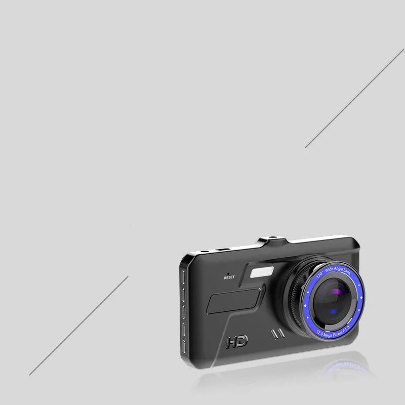 Black touch screen car recorder with front and rear cameras showing 4 inch display
