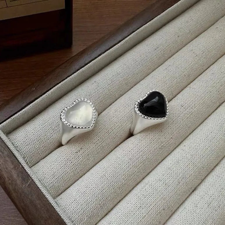 Adjustable S925 sterling silver ring with black agate heart design