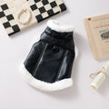 Black leather dog jacket for a medium-sized dog during autumn.
