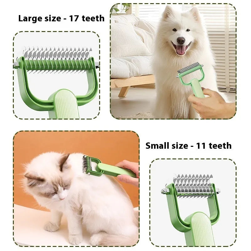 Green or grey dog grooming comb with stainless steel unknotting teeth and plastic handle.