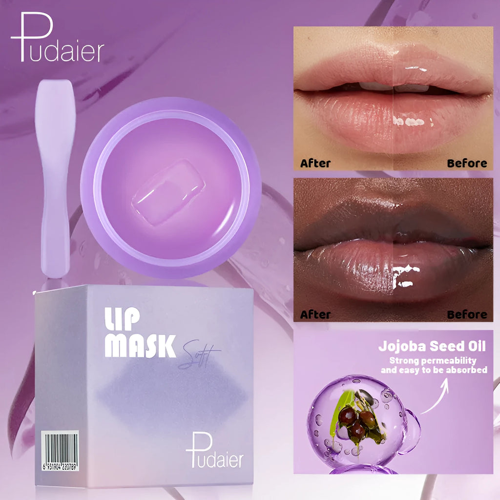 Exfoliating lip balm jar with lid alongside lip mask and scraper tool on white background