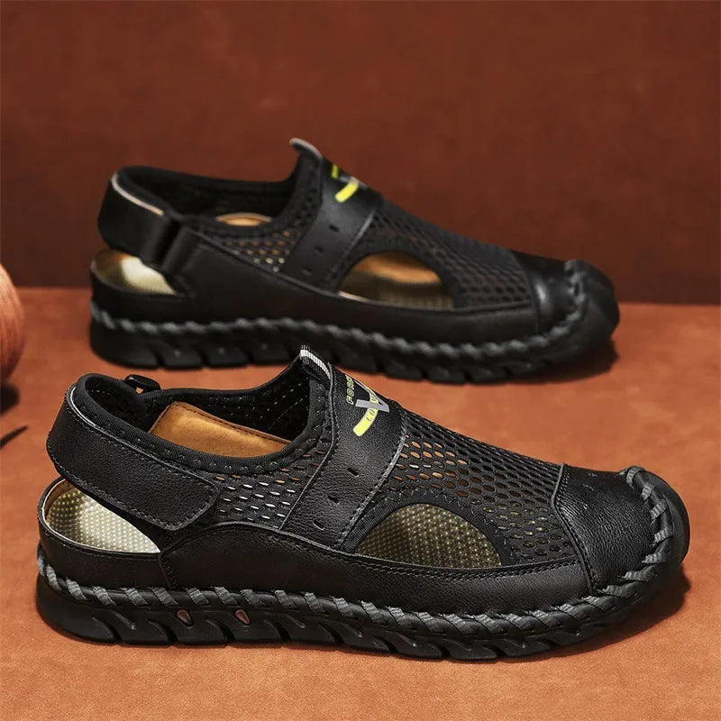 Men's brown genuine leather mesh breathable casual shoes with elastic band and round toe on a white background.