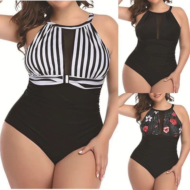 Women's one-piece lace swimsuit in polyester available in black, stripes, or red flower patterns