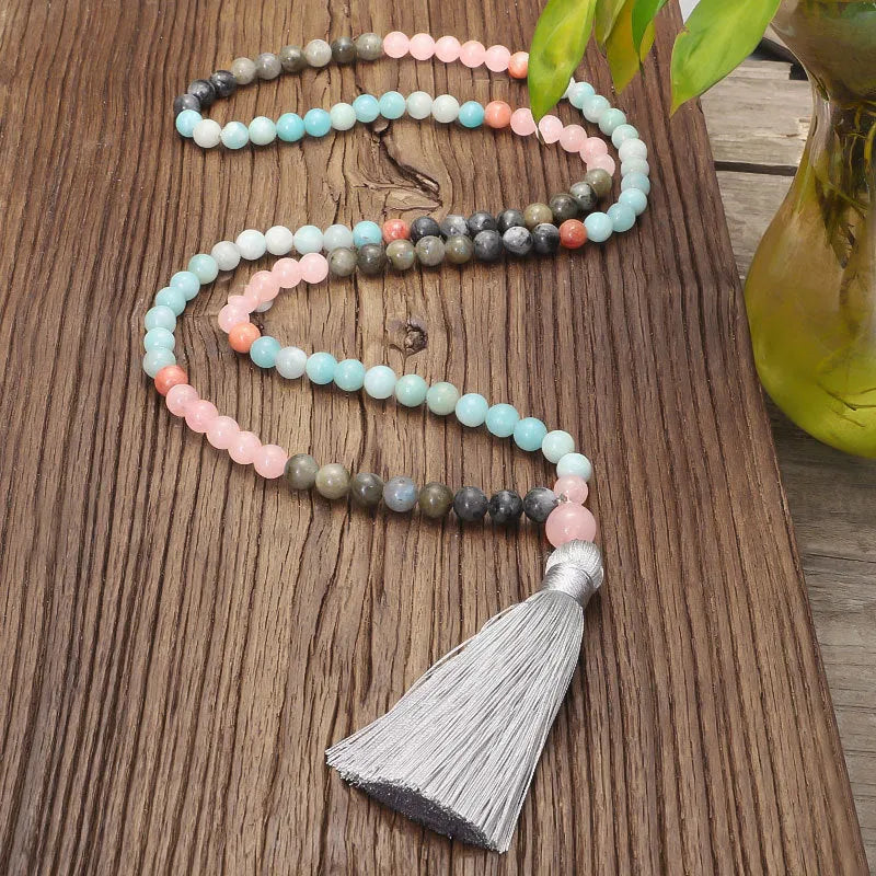 Bohemian style necklace and bracelet set with colourful stone drop pendants and tassel accents