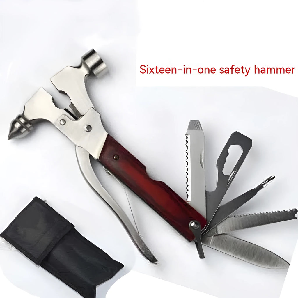 16-in-1 car safety hammer with solid steel construction and Oxford fabric storage bag