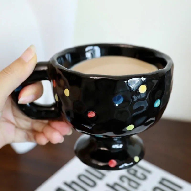 Irregular hand-pinched ceramic mug in solid colour with modern simple design, 14.5cm height