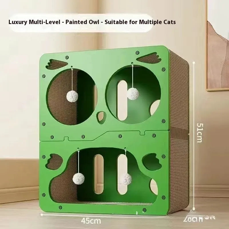 Double-layer cat scratching board and nest in a primary colour, showing a cat head decorative style.