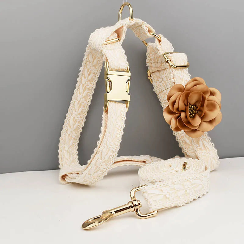 Four-piece dog wedding accessory set with lace collar vest, matching leash, and decorative flowers