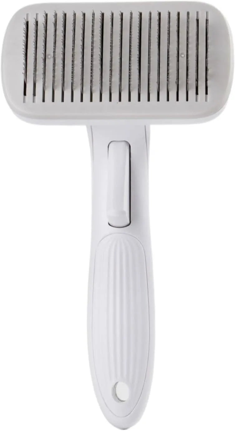 Automatic pet hair removal comb for dogs and cats in blue, showing one-click needle mechanism.
