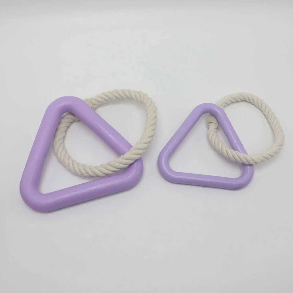Large triangular cotton rope pull ring dog toy in beige, pink, and purple colour options