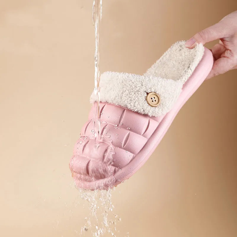 Plaid detachable EVA house slippers with plush lining, shown in multiple colours on a white background.