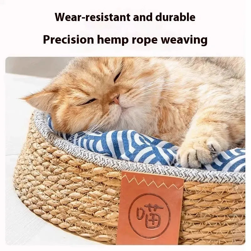 A rattan woven cat nest bed in a cage style, shown in a size suitable for a medium cat.