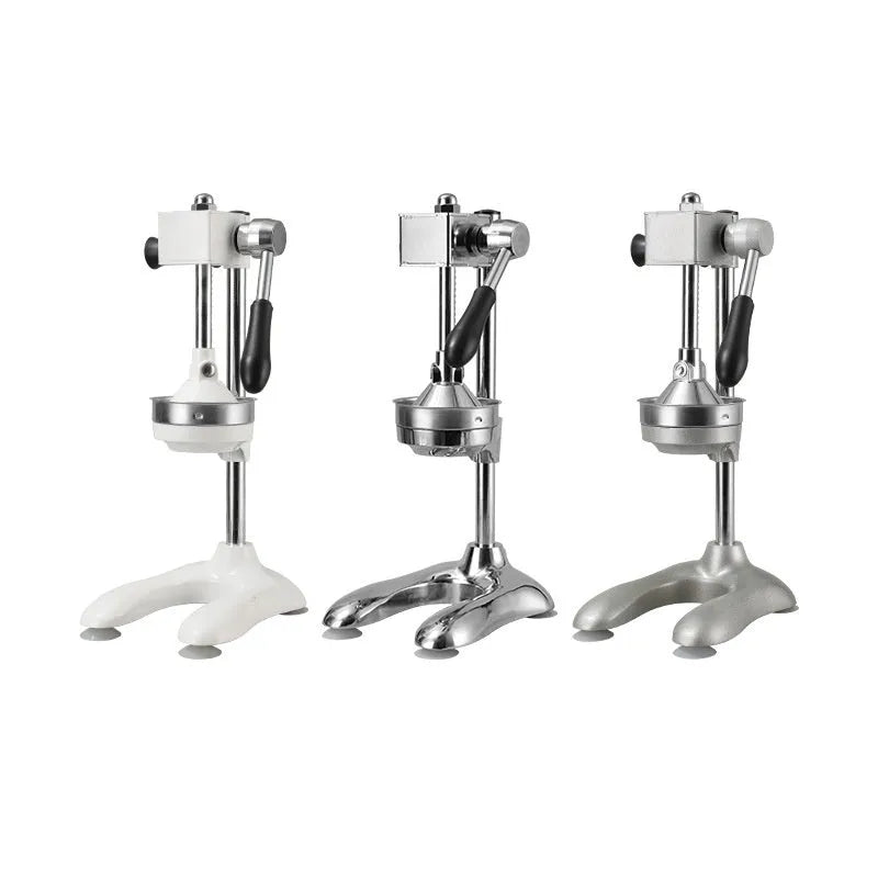 Vertical stainless steel manual citrus juicer in black, silver, white, orange, or electroplated finish with pointed, flat, or double-headed tip.