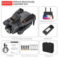Black P12 foldable quadcopter drone with four propellers and a front-mounted HD camera on a grey surface