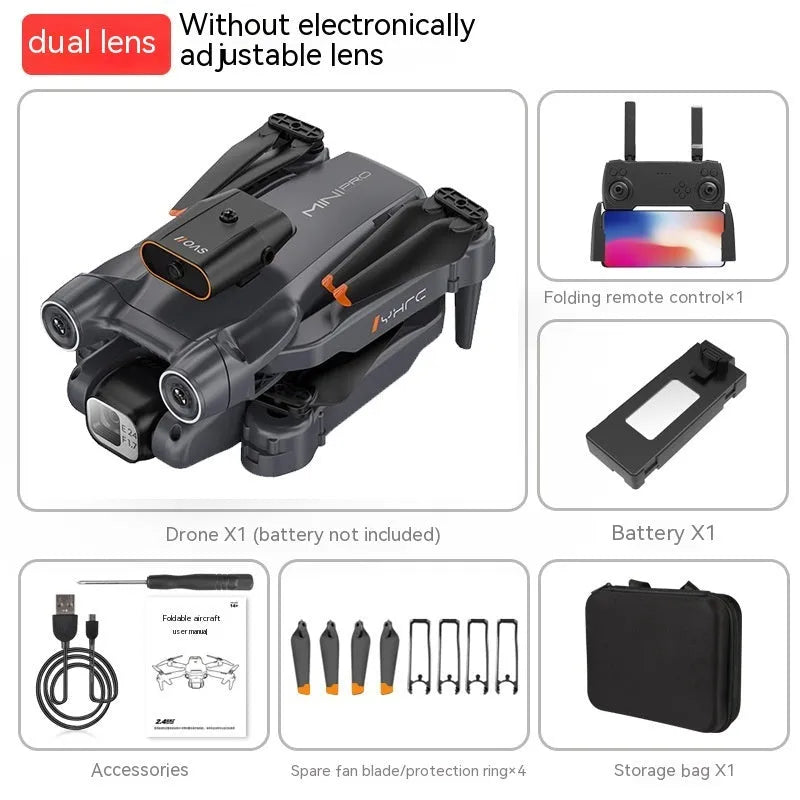 Black P12 foldable quadcopter drone with four propellers and a front-mounted HD camera on a grey surface