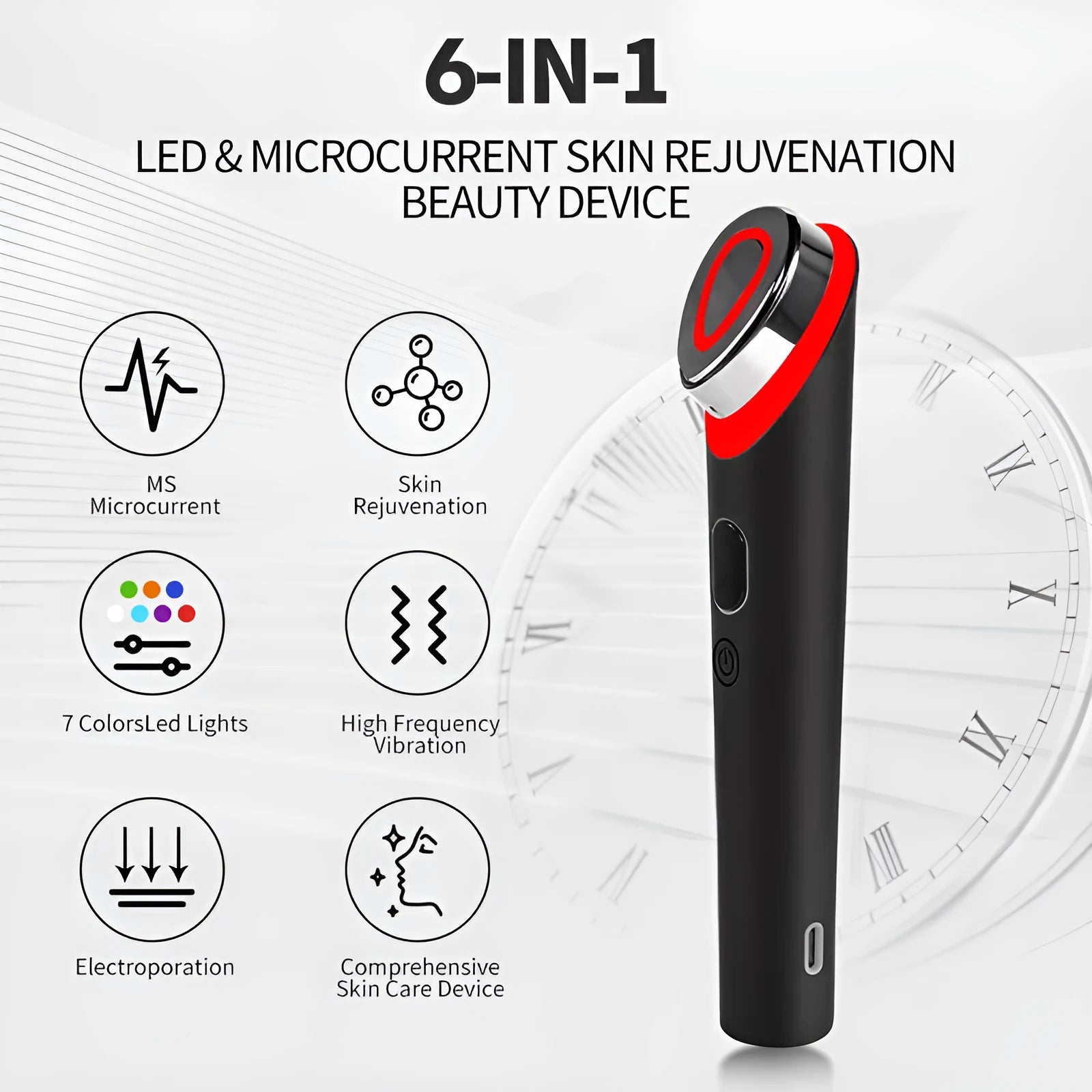 Black handheld facial massager with 7 colour light therapy and vibration functions