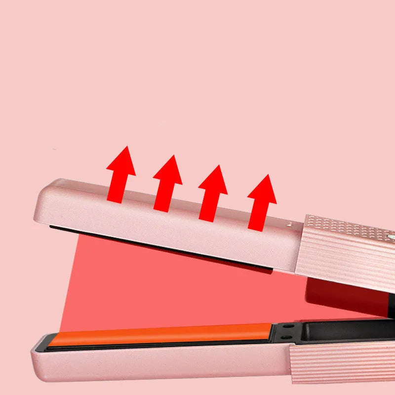 Pink cordless USB hair straightener with ceramic plates on a white background.