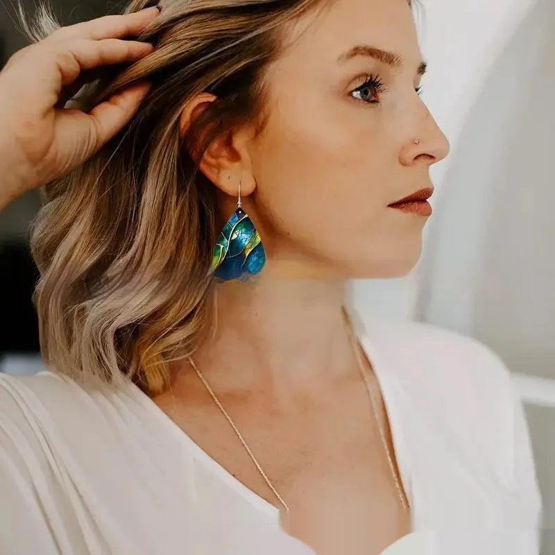 Acrylic flat branch knot earrings with printed pattern detail in drop shape
