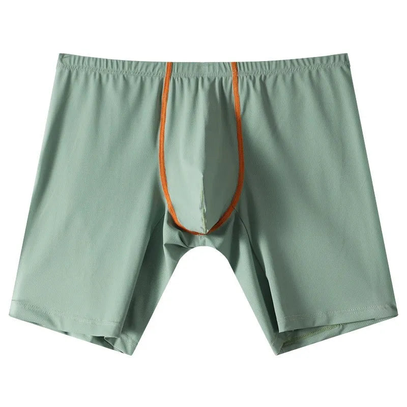 Men's mid-waist ice silk boxer underwear in black colour showing U-convex body shaping design