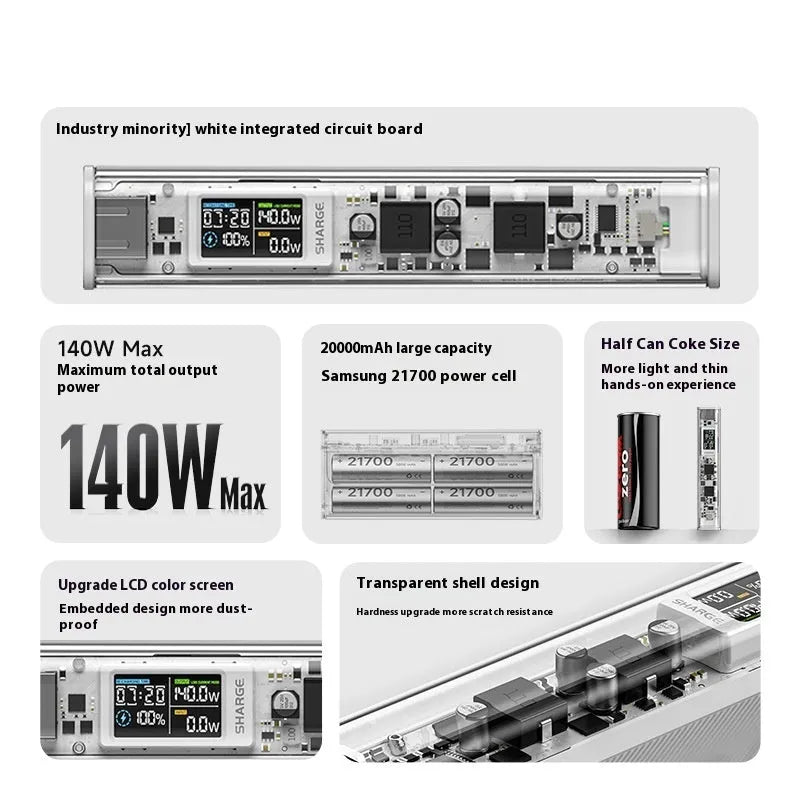 Transparent plastic power bank with 20000mAh capacity showing internal components