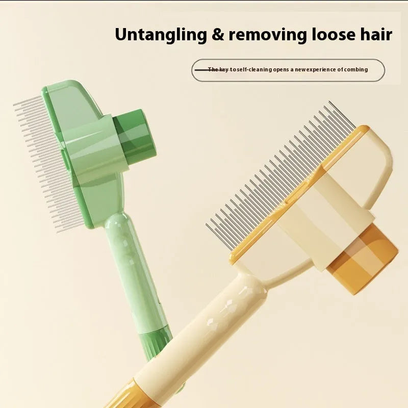 Green and yellow self-cleaning pet comb with stainless steel teeth and a release button on the handle.