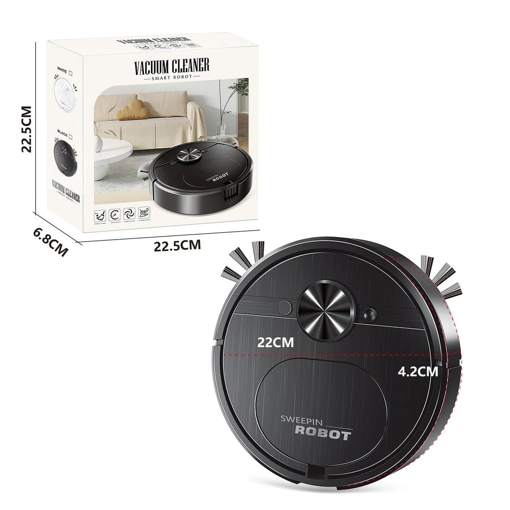 Black or white three-in-one robot vacuum cleaner with sweeping brushes and a mopping attachment.