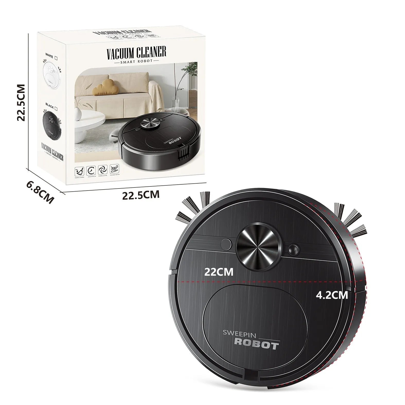 Black or white three-in-one robot vacuum cleaner with sweeping brushes and a mopping attachment.