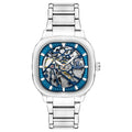 Men's automatic square watch with luminous hollow dial on a stainless steel strap, shown in blue colour.