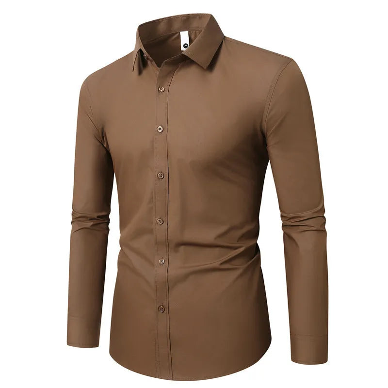 Man wearing a slim fit long sleeve linen blend shirt in a solid colour, showcasing the casual style.