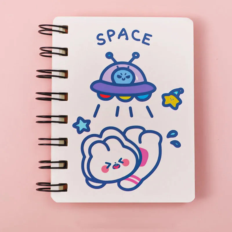 Astronaut flipped portable pocket flipper notebook showing space-themed cover designs at 10.5cm by 8cm