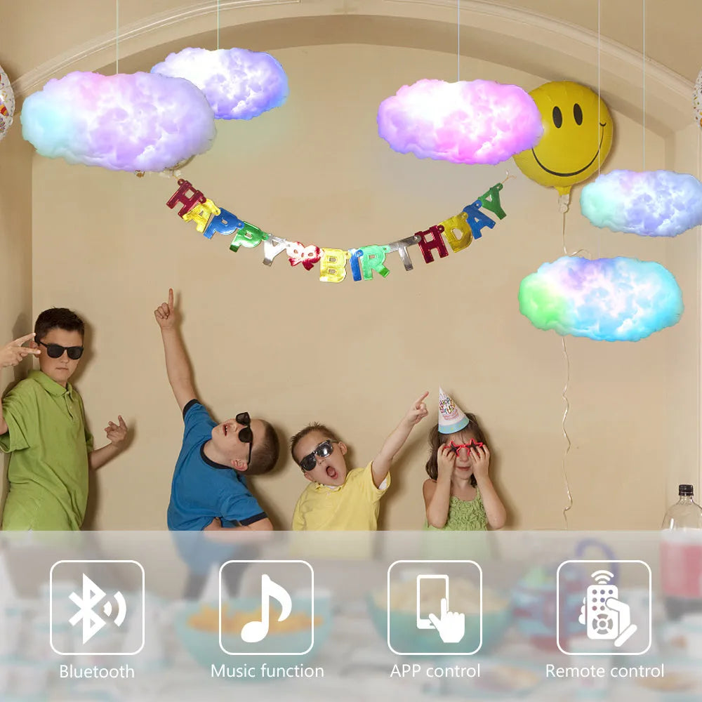 White fabric cloud-shaped LED pendant lamp with colourful lighting effects