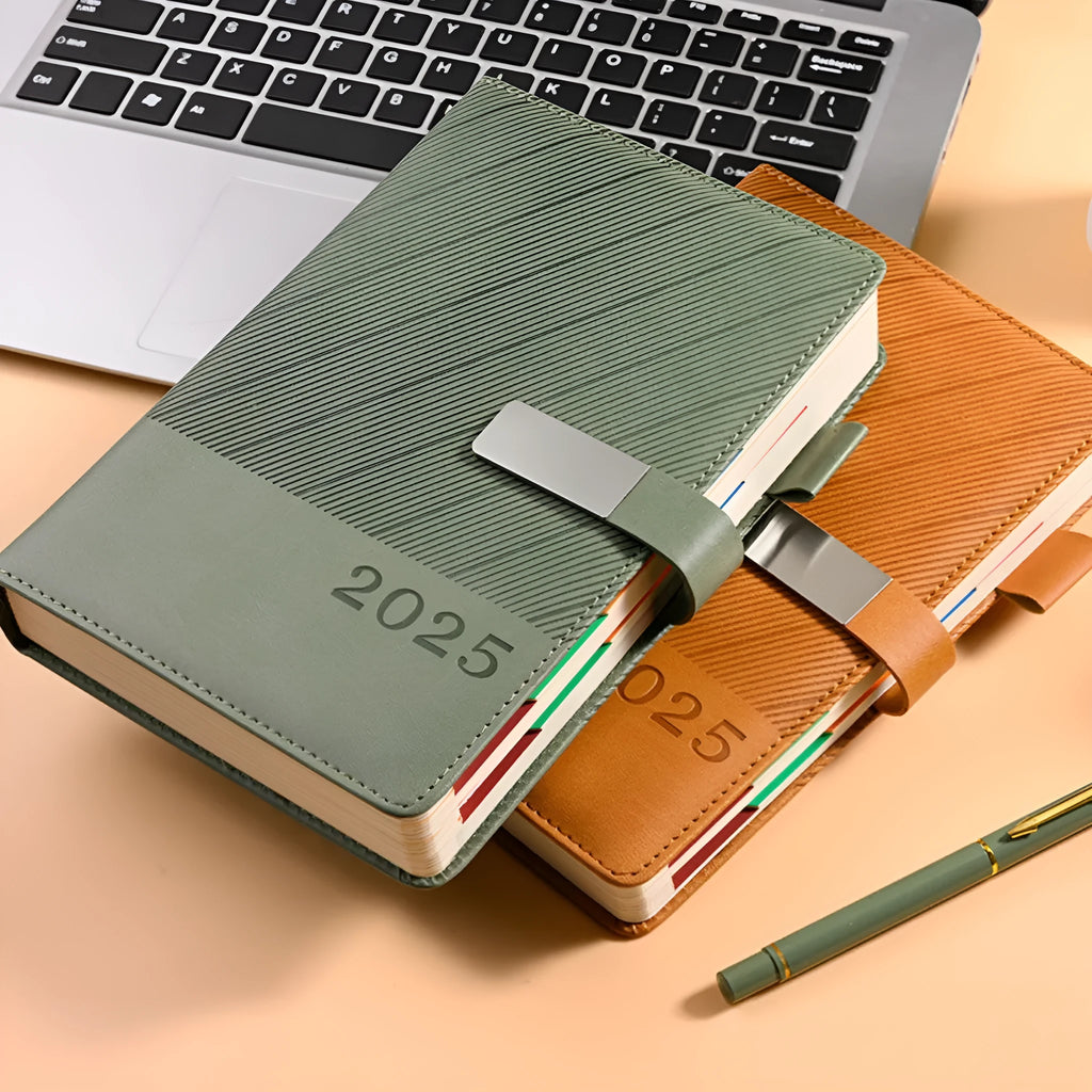 A5 striped PU leather notepad open to show 80g wood-free paper with 408 pages