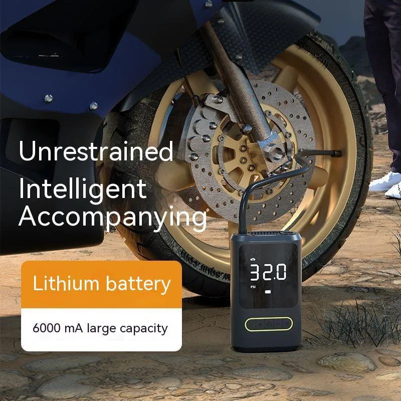 Handheld wireless air pump with digital display showing tyre pressure measurement