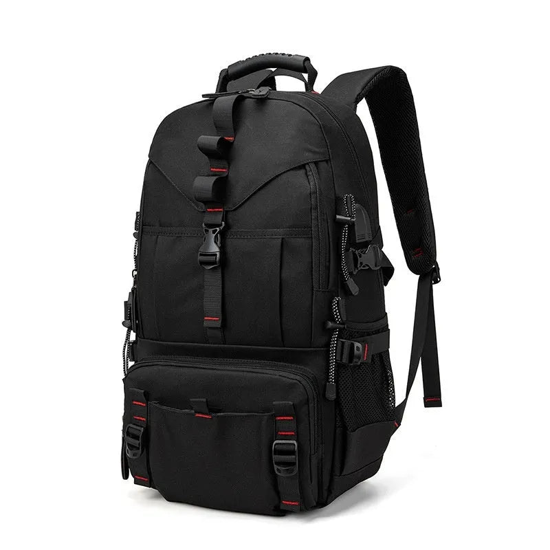 Men's waterproof Oxford cloth hiking backpack showing 56-75 litre capacity and air-pillow belt system