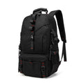 Men's waterproof Oxford cloth hiking backpack showing 56-75 litre capacity and air-pillow belt system