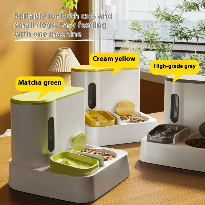 Cat automatic pet feeder water dispenser integrated double bowl station in grey colour