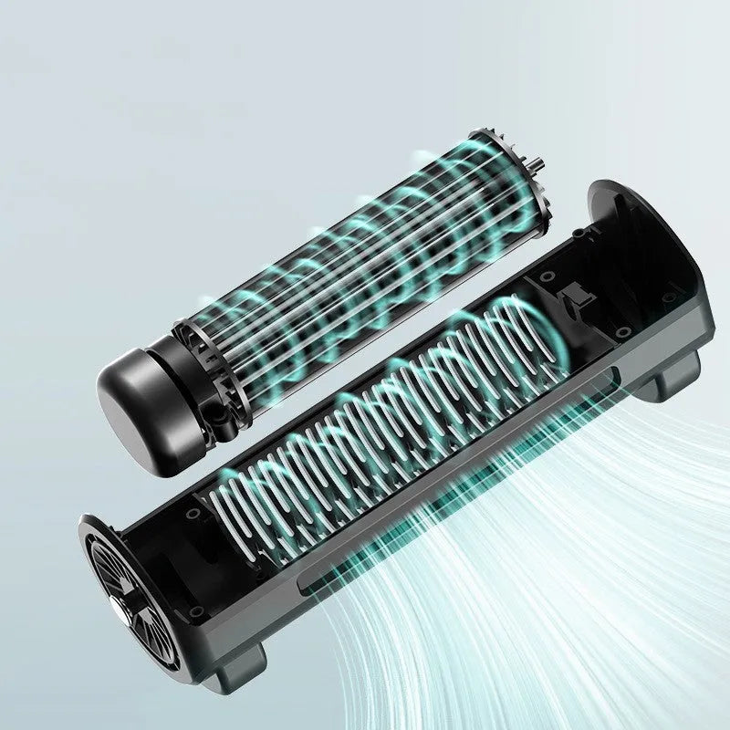 Compact black bladeless car mounted fan with USB power connection showing ventilation openings