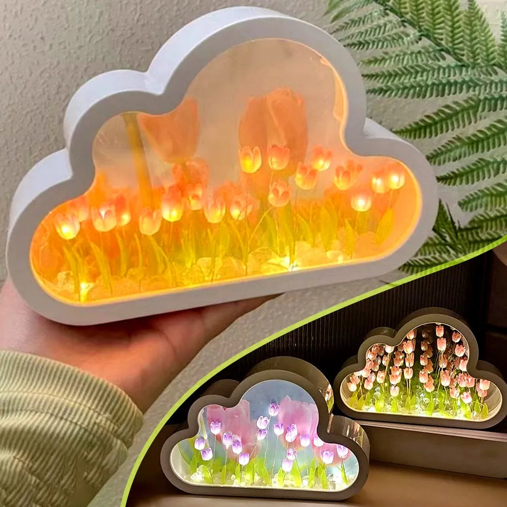 DIY tulip-shaped night lamp with LED light and decorative mirror in multiple colour options