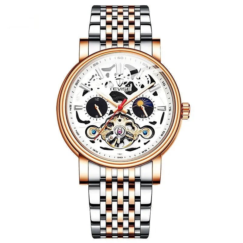Men's fashion tourbillon watch with luminous hands on a leather strap, showing a black case.
